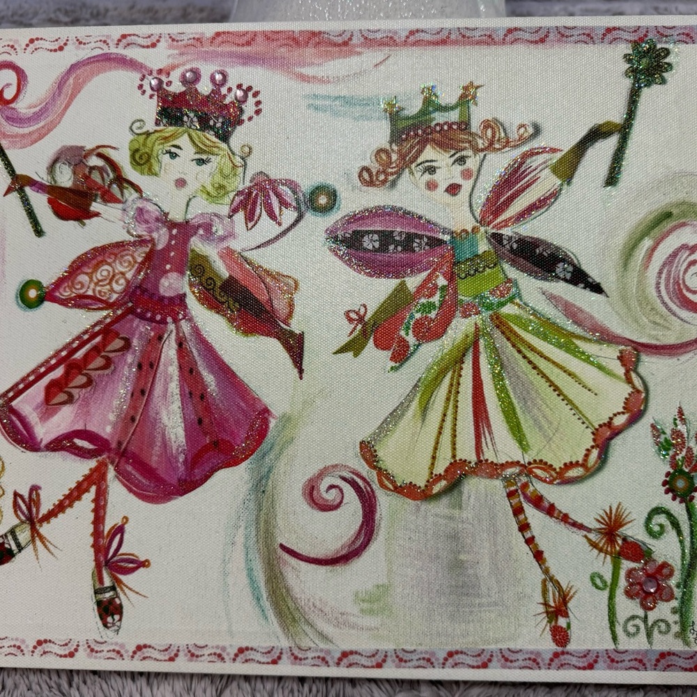 Set of 2 Liesl Long Whimsical Fairy Canvas Paintings- Glitter Embellished Art